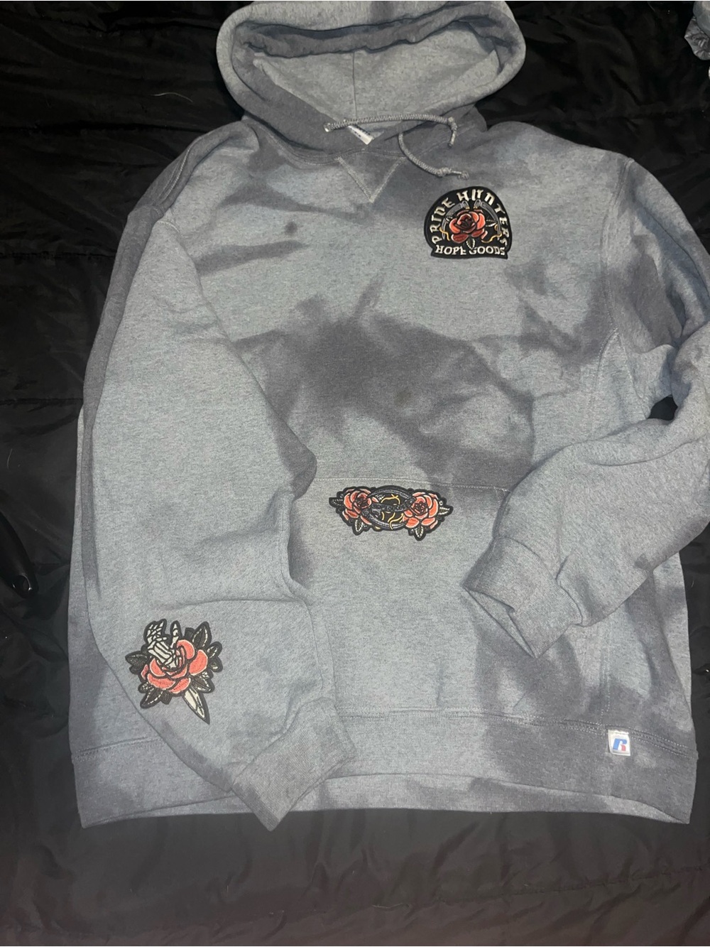 Custom embroidered Gray tie dye Pullover Hoodie with Rose Graphic size large